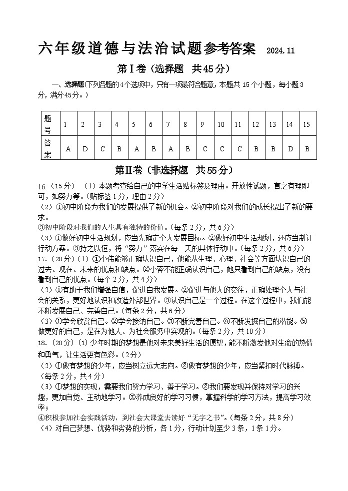 六年级道德与法治试题答案2024年11月第1页