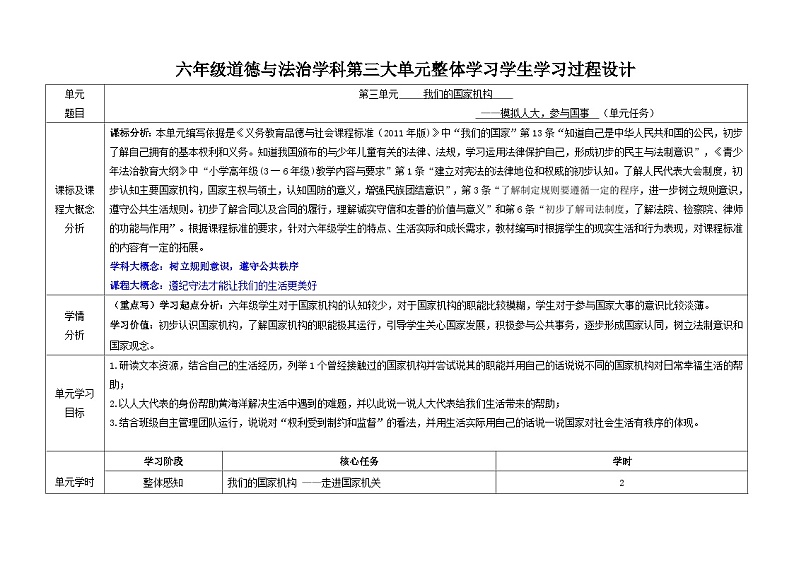 第三单元我们的国家机构  教学设计 道德与法治六年级上册统编版第1页