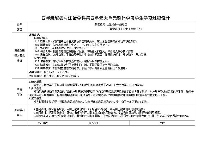第四单元 让生活多一些绿色  教学设计 道德与法治四年级上册统编版第1页