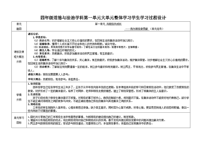 第一单元与班级共成长  教学设计  道德与法治四年级上册统编版第1页
