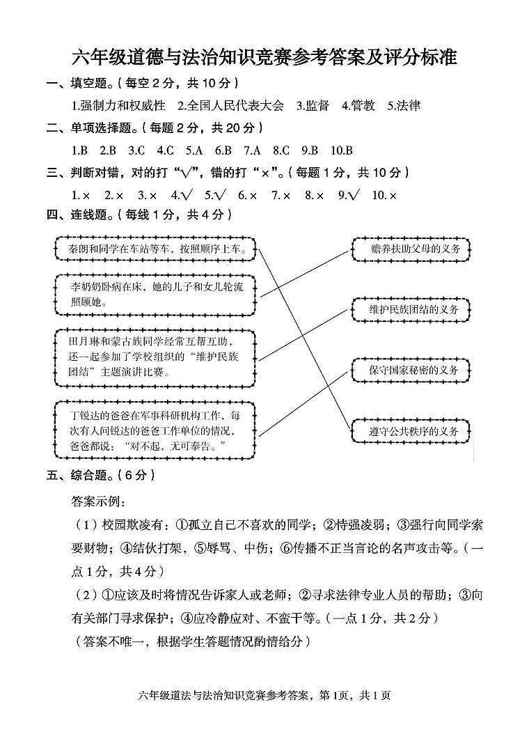 六年级综合 6道法答案A第1页