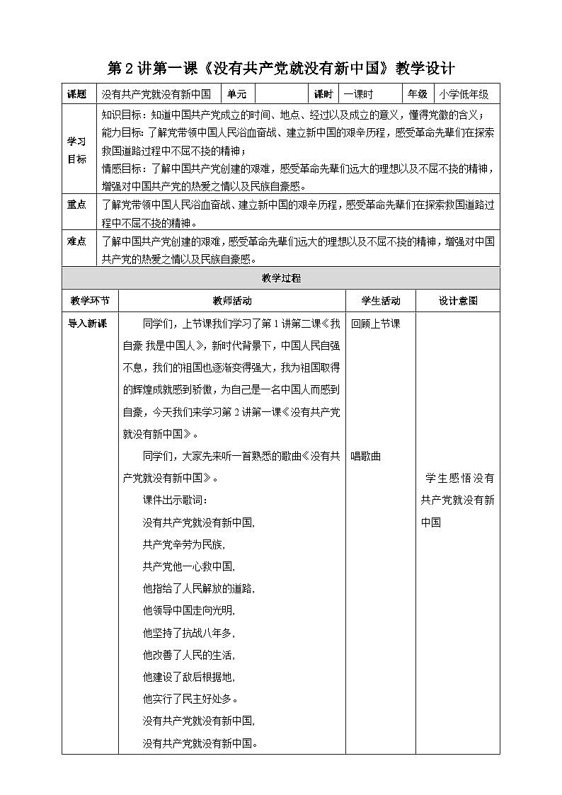 第2讲第一课《没有共产党就没有新中国》教学设计第1页