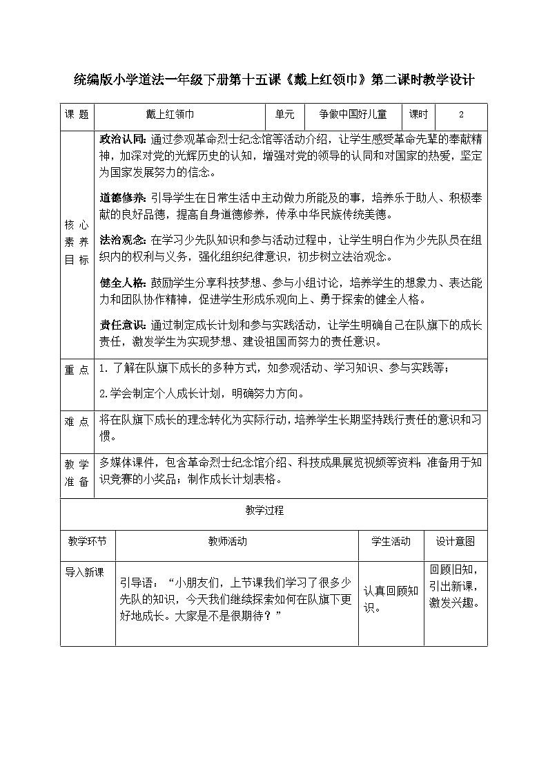 【核心素养】4.3戴上红领巾 第二课时 教案第1页