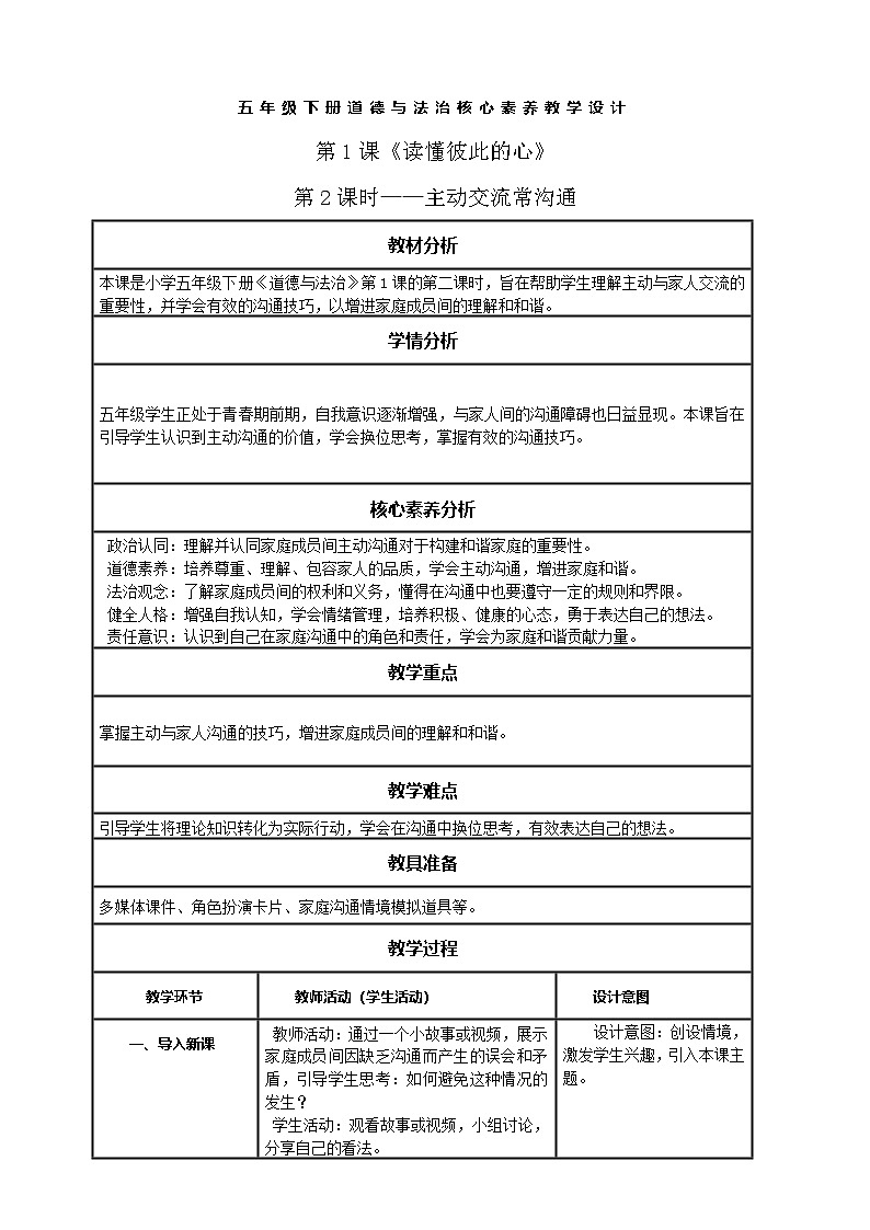 【核心素养】第1课《读懂彼此的心》第2课时——主动交流常沟通 教案含反思第1页