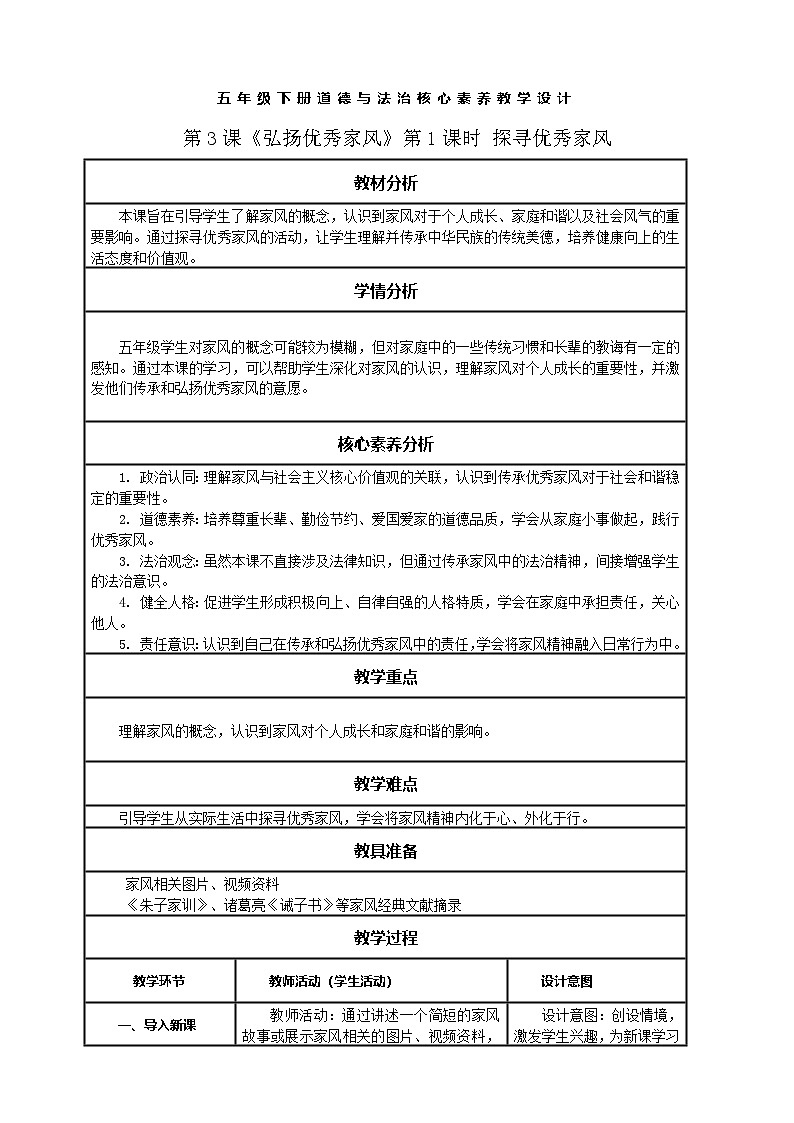 【核心素养】第3课《弘扬优秀家风》第1课时 探寻优秀家风 教案含反思第1页