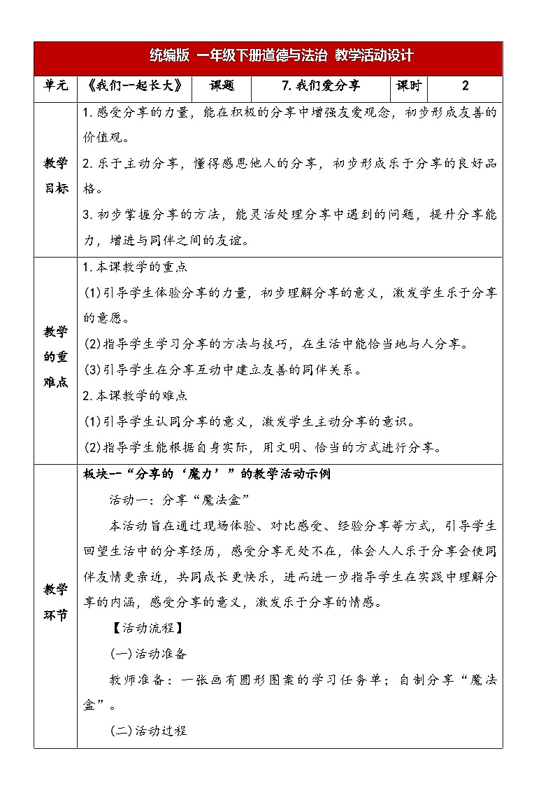 7《我们爱分享》教学设计-2024-2025学年道德与法治一年级下册（统编版2024）第1页