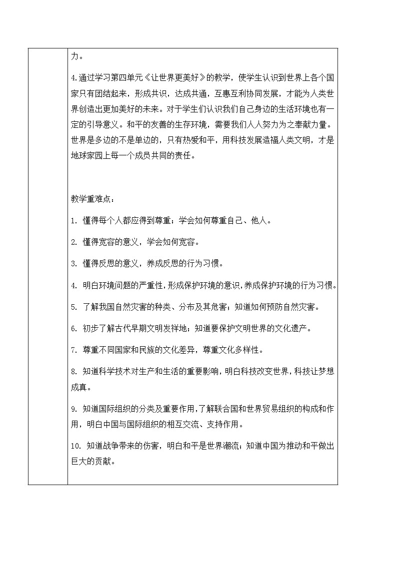部编版六年级下册《道德与法治》全册教案含教学计划及教学进度表（表格式）第3页