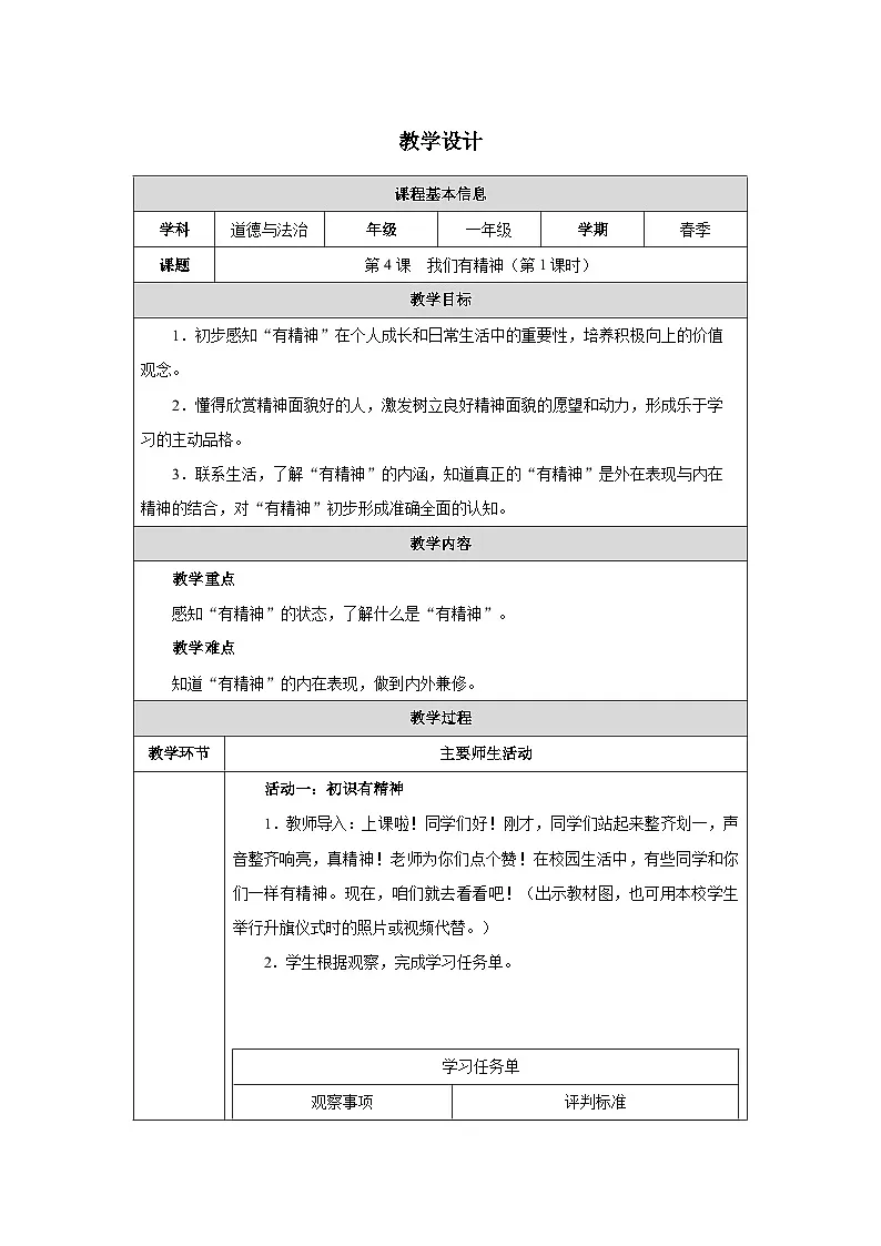 第4课 我们有精神（第1课时）教学设计 道德与法治一年级下册统编版（2024）第1页