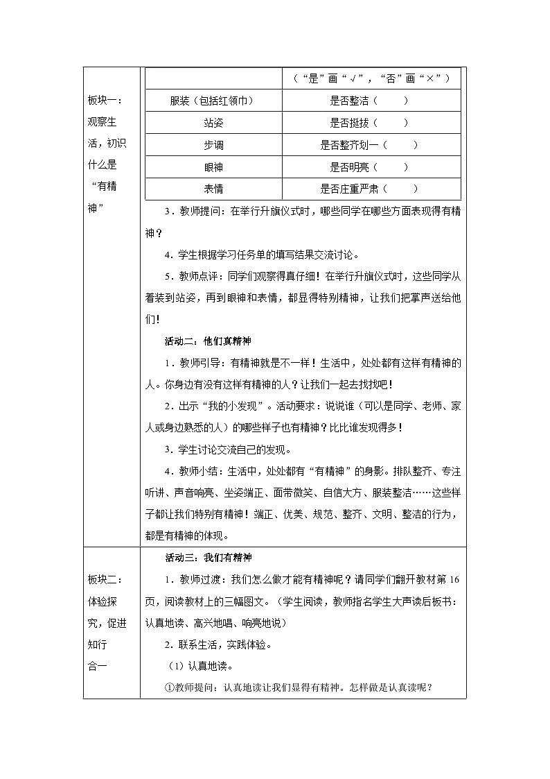 第4课 我们有精神（第1课时）教学设计 道德与法治一年级下册统编版（2024）第2页