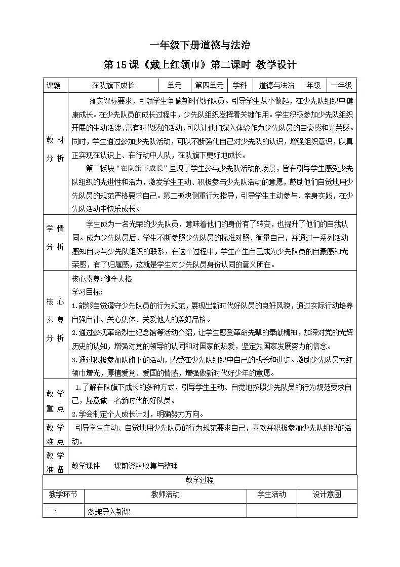 【2025春 新教材】统编版 一年级下册道德与法治 第15课《戴上红领巾》（第二课时）教案教学设计第1页