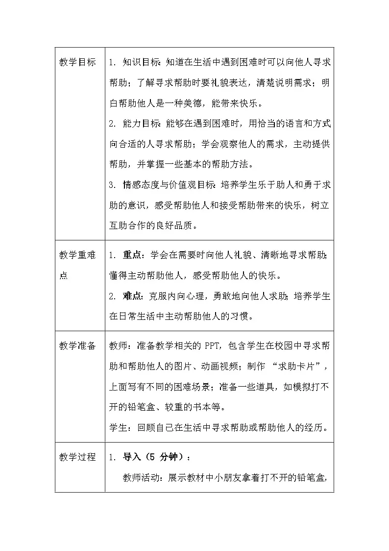 2025春统编版（2024）小学道德与法治一年级下册《请帮我一下》教案及反思第2页