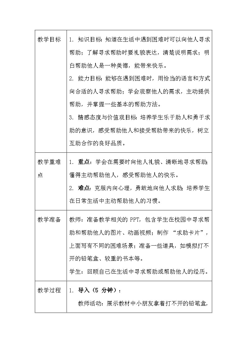 2025春统编版（2024）小学道德与法治一年级下册《请帮我一下》教案及反思第2页