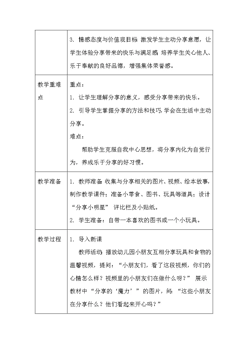 2025春统编版（2024）小学道德与法治一年级下册《我们爱分享》教案及反思第2页