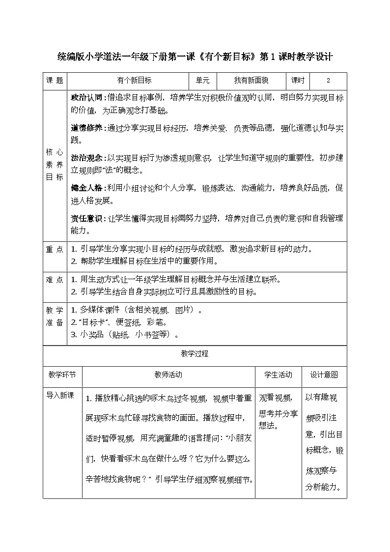 部编版五四制2024道德与法治一年级下册1.1有个新目标 第1课时 教案第1页