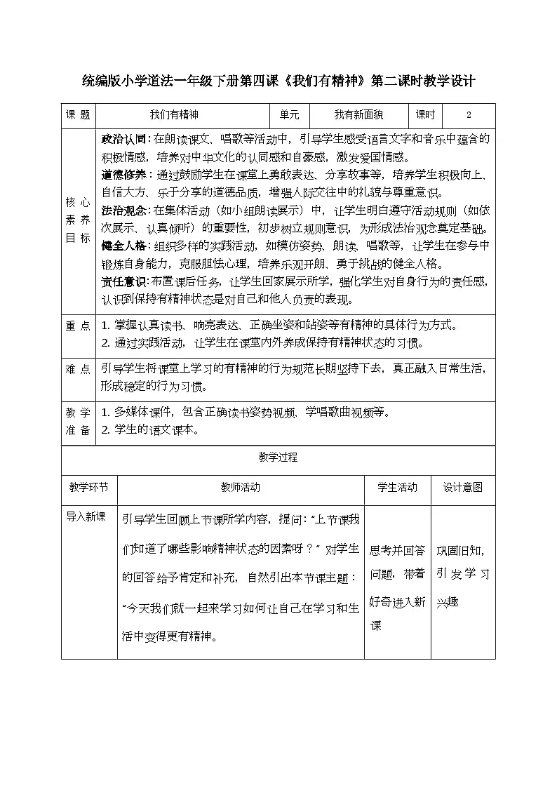 部编版五四制2024道德与法治一年级下册1.4我们有精神 第2课时 教案第1页