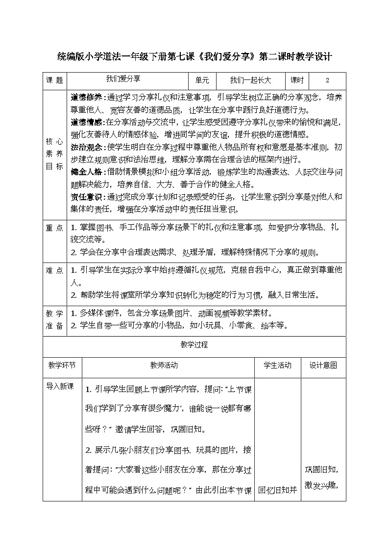 部编版五四制2024道德与法治一年级下册2.3我们爱分享 第2课时 教案第1页