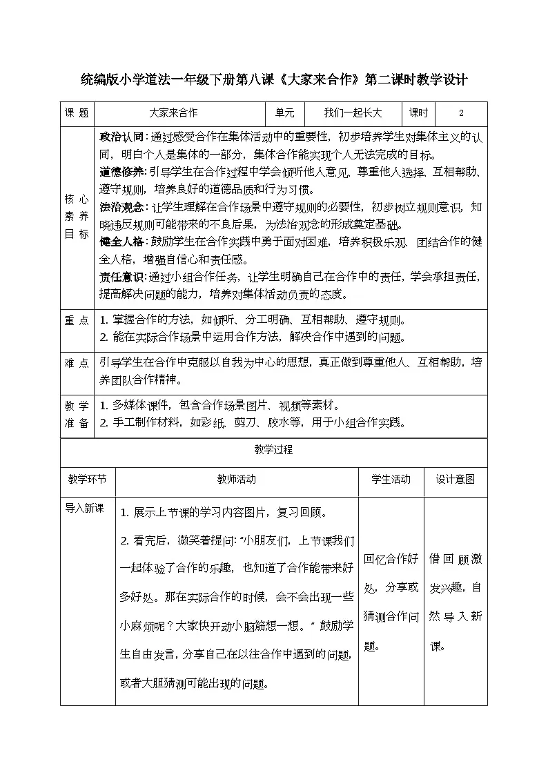 部编版五四制2024道德与法治一年级下册2.4大家来合作 第2课时 教案第1页