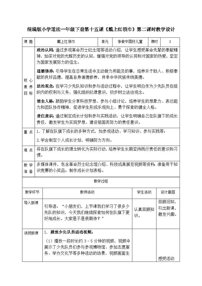 部编版五四制2024道德与法治一年级下册4.3戴上红领巾 第2课时 教案第1页