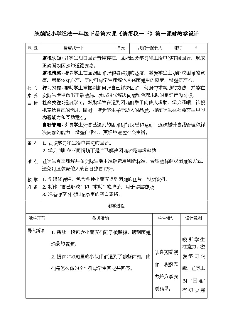 部编版五四制2024道德与法治一年级下册2.2请帮我1下 第1课时 表格式教案第1页
