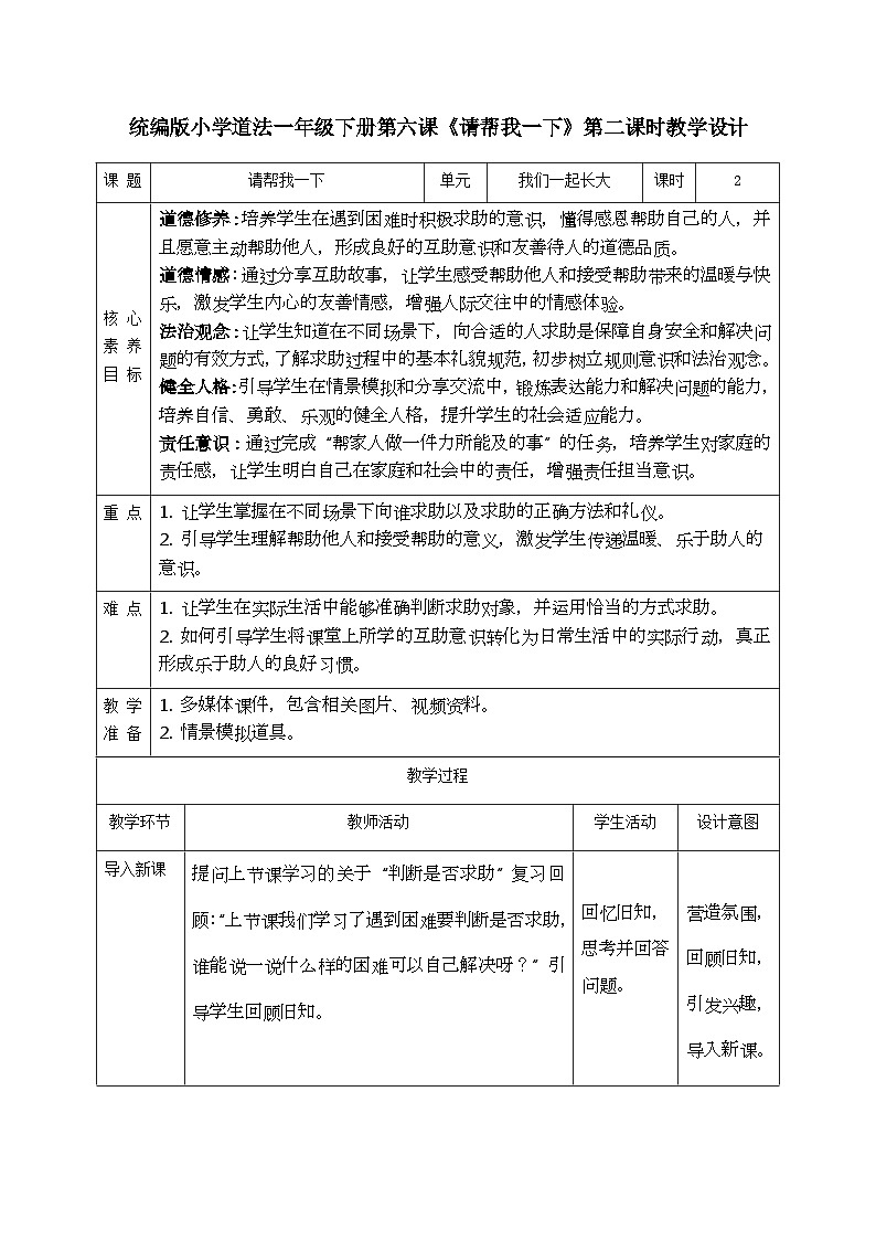 部编版五四制2024道德与法治一年级下册2.2请帮我1下 第2课时 表格式教案第1页