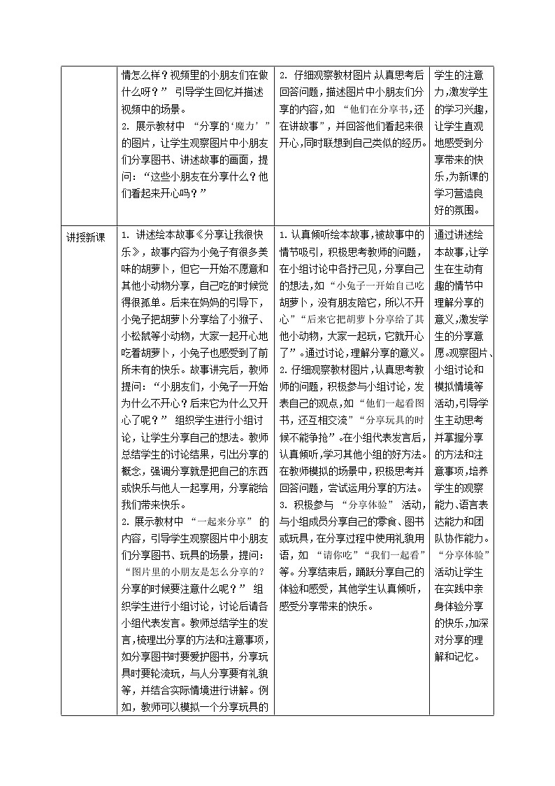 部编版五四制2024道德与法治一年级下册第7课《我们爱分享》表格式教案第2页