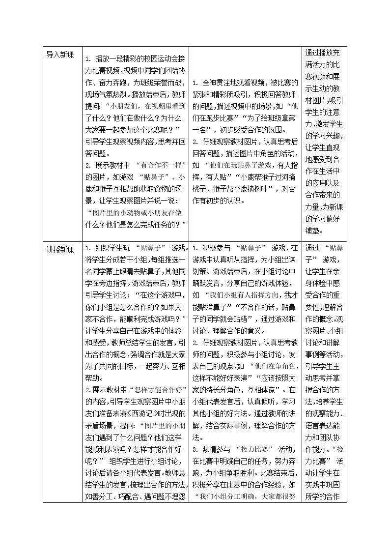 部编版五四制2024道德与法治一年级下册第8课《大家来合作》表格式教案第2页