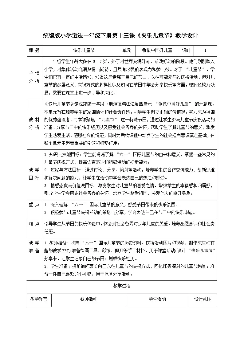 部编版五四制2024道德与法治一年级下册第13课《快乐儿童节》表格式教案第1页