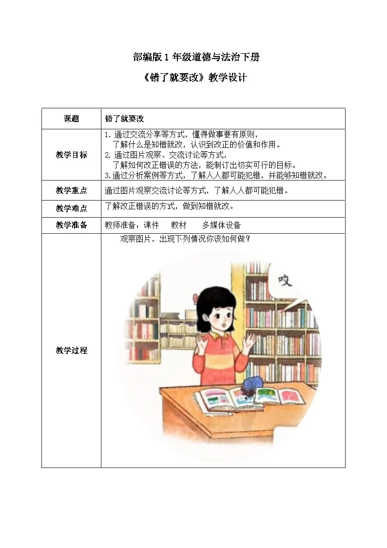 部编版五四制2024道德与法治一年级下册第3课《错了就要改》表格式教案第1页