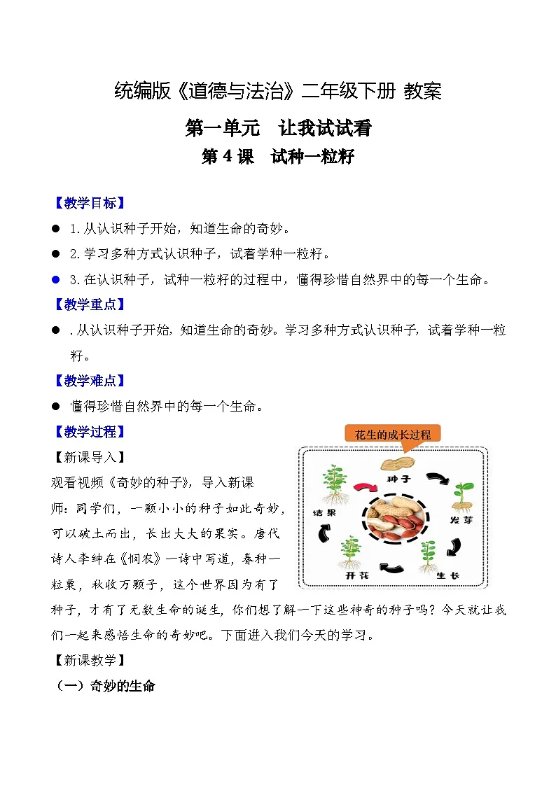 新部编版小学道法二下第一单元第四课《试种一粒籽》教案第1页