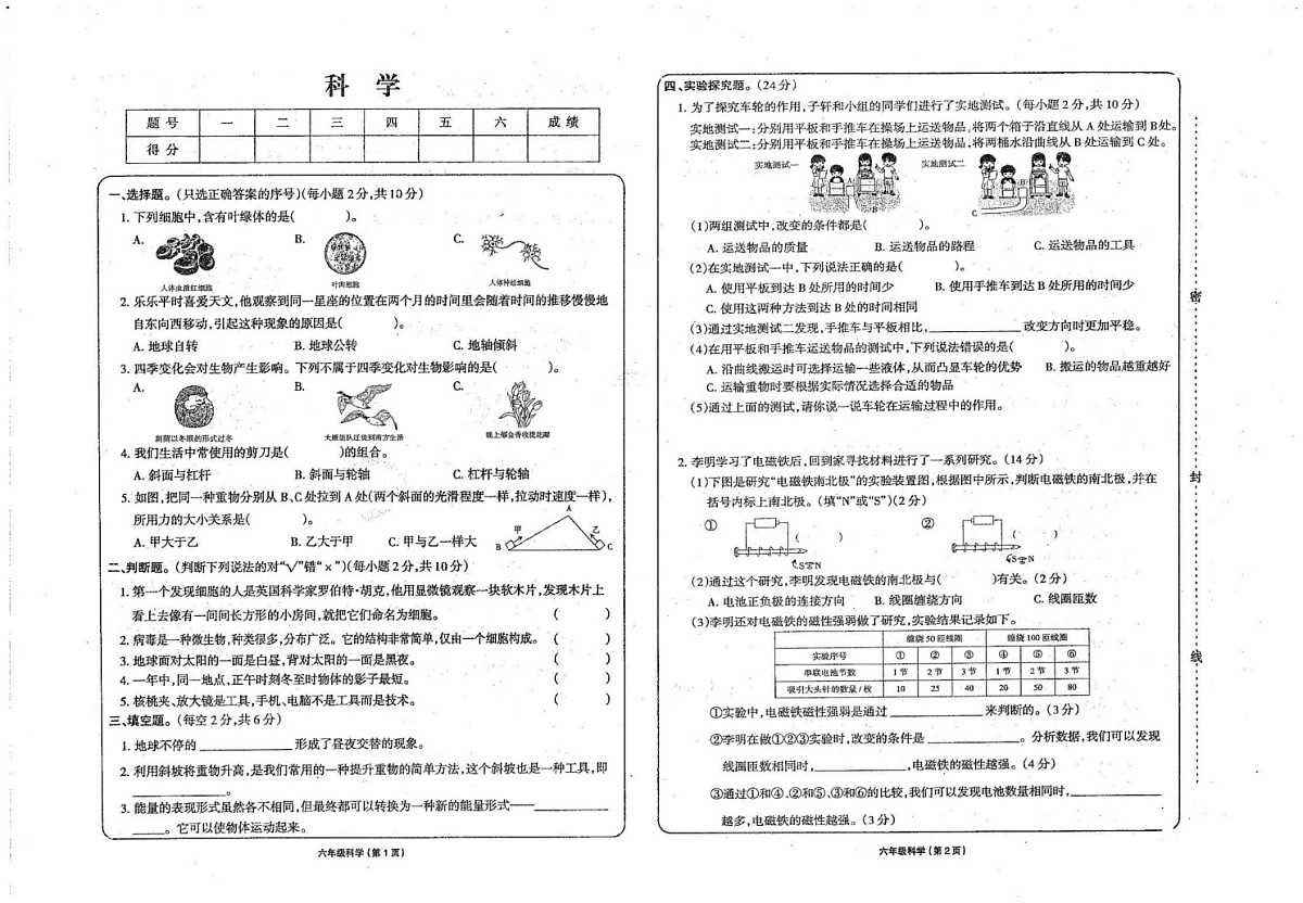 甘肃省武威市2024-2025学年六年级上学期期末道德与法治 科学试卷第2页