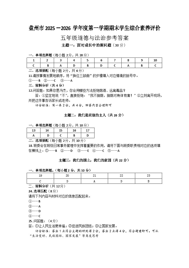 五年级道法参考答案第1页