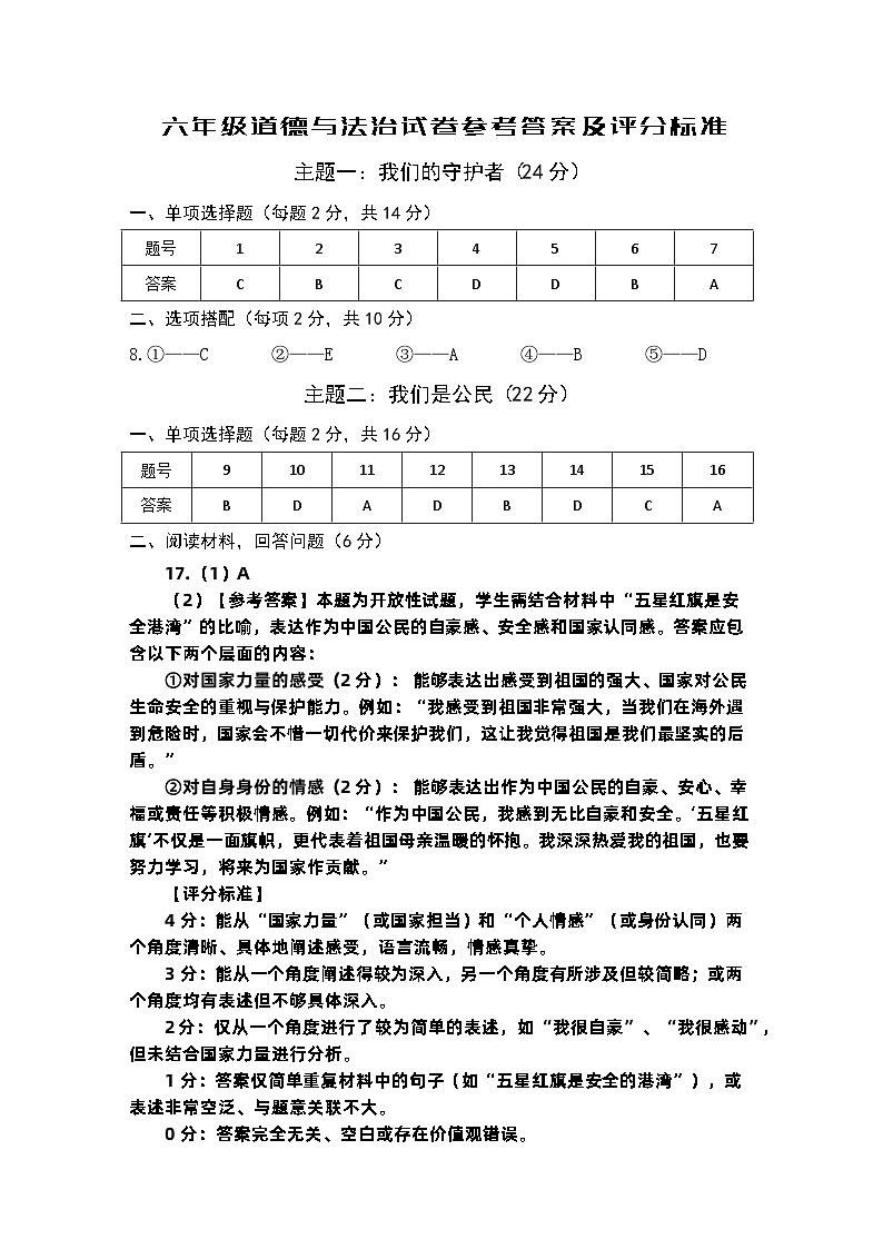 六年级道德与法治参考答案及评分标准第1页