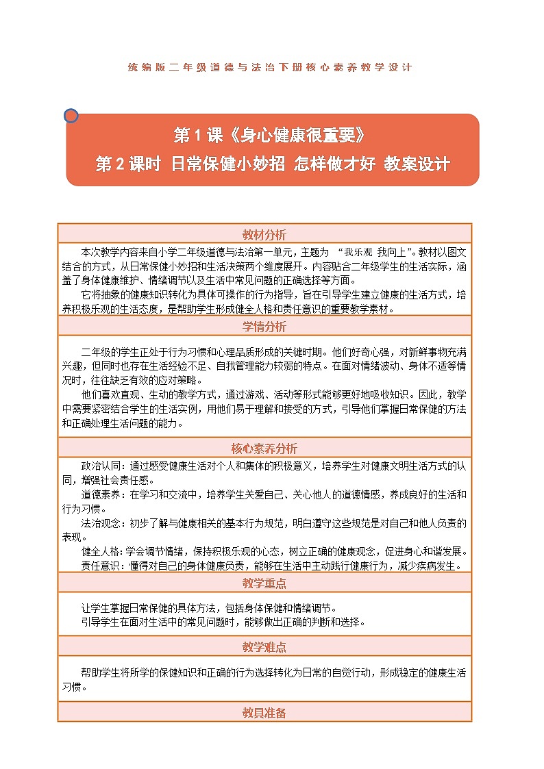 2026年统编版二年级道德与法治下册 1.2《身心健康很重要——日常保健小妙招 怎样做才好》教案设计第1页