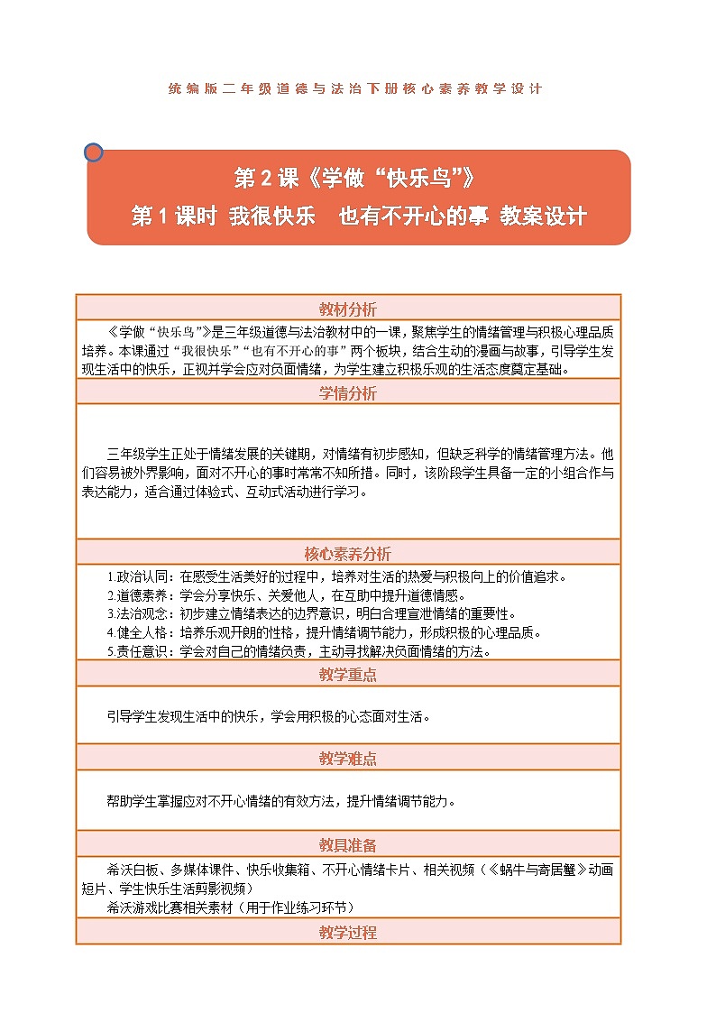 2026年统编版二年级道德与法治下册 2.1《学做“快乐鸟”——我很快乐 也有不开心的事》教案设计第1页