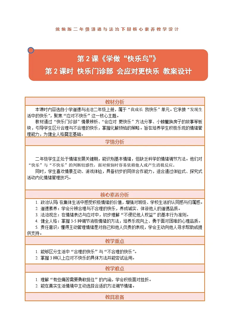 2026年统编版二年级道德与法治下册 2.2《学做“快乐鸟”——快乐门诊部 会应对更快乐》教案设计第1页