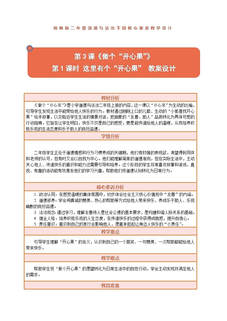2026年统编版二年级道德与法治下册 3.1《做个“开心果”——这里有个“开心果”》教案设计第1页