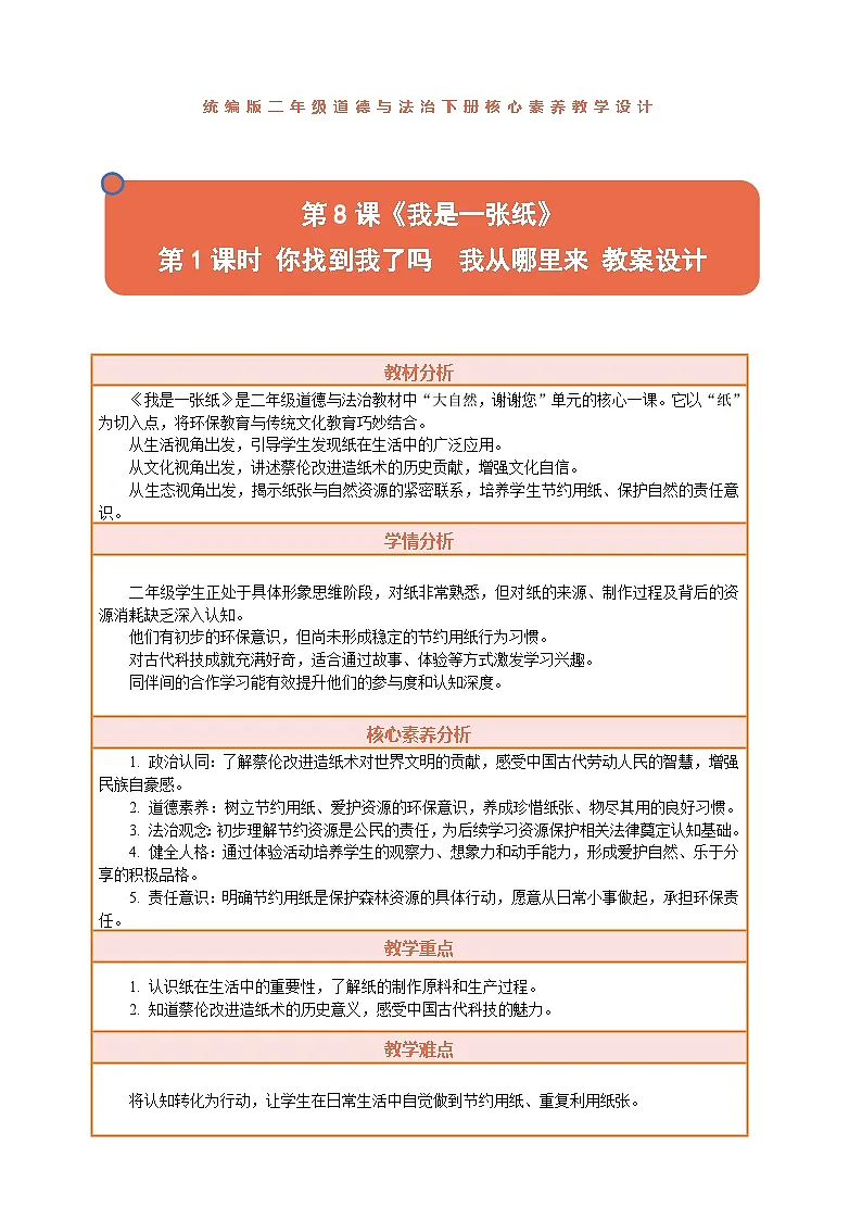 2026年统编版二年级道德与法治下册 8.1《我是一张纸——你找到我了吗 我从哪里来》教案设计第1页