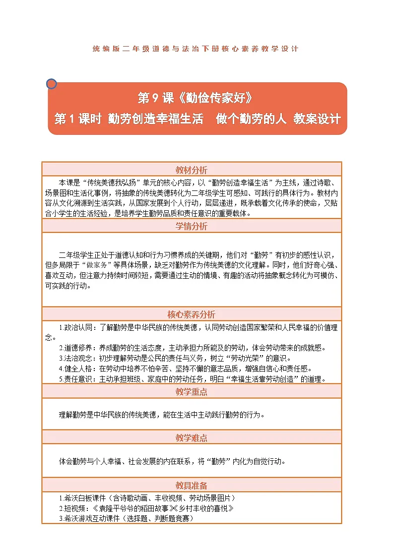 2026年统编版二年级道德与法治下册 9.1《勤俭传家好——勤劳创造幸福生活 做个勤劳的人》教案设计第1页