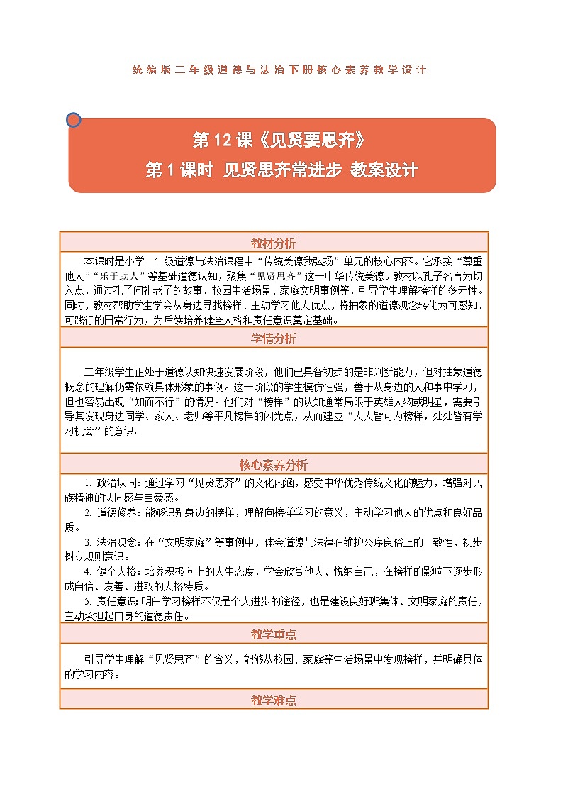 2026年统编版二年级道德与法治下册 12.1《见贤要思齐——见贤思齐常进步》教案设计第1页
