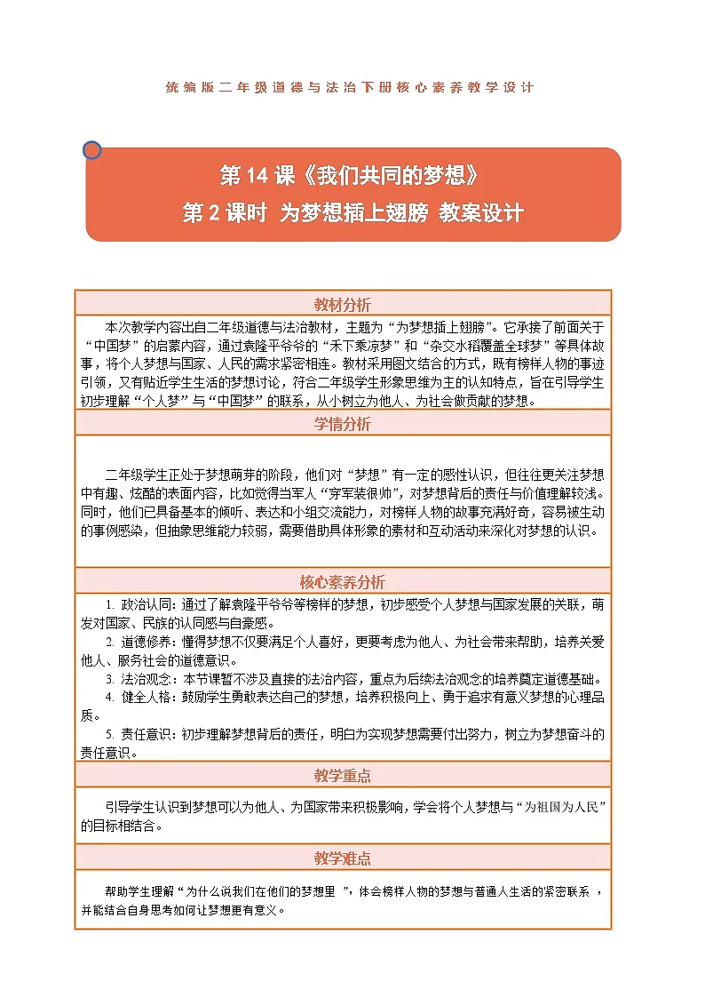 2026年统编版二年级道德与法治下册 14.2《我们共同的梦想——为梦想插上翅膀》教案设计第1页