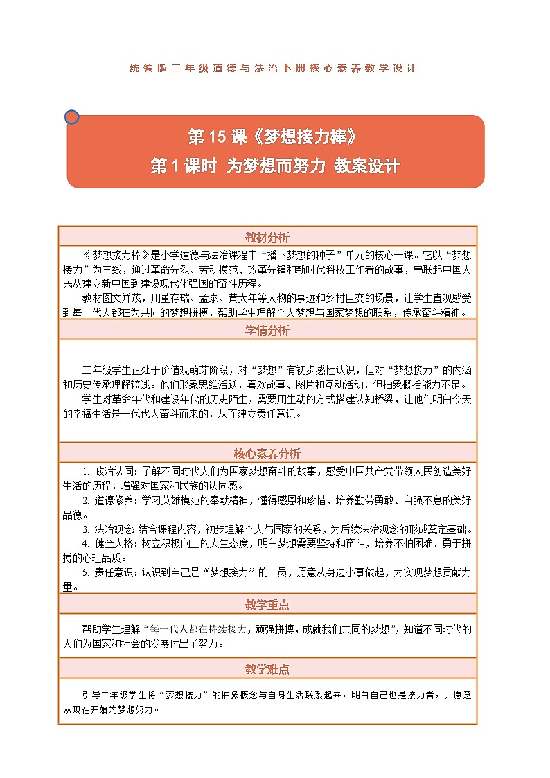 2026年统编版二年级道德与法治下册 15.1《梦想接力棒——为梦想而努力》教案设计第1页
