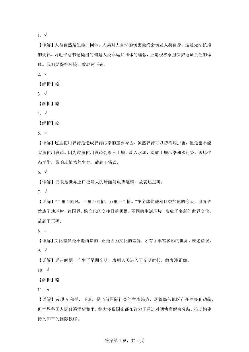 【统编版】2024~2025学年河南省平顶山市宝丰县六年级下学期期末考试道德与法治试题【含答案】第3页