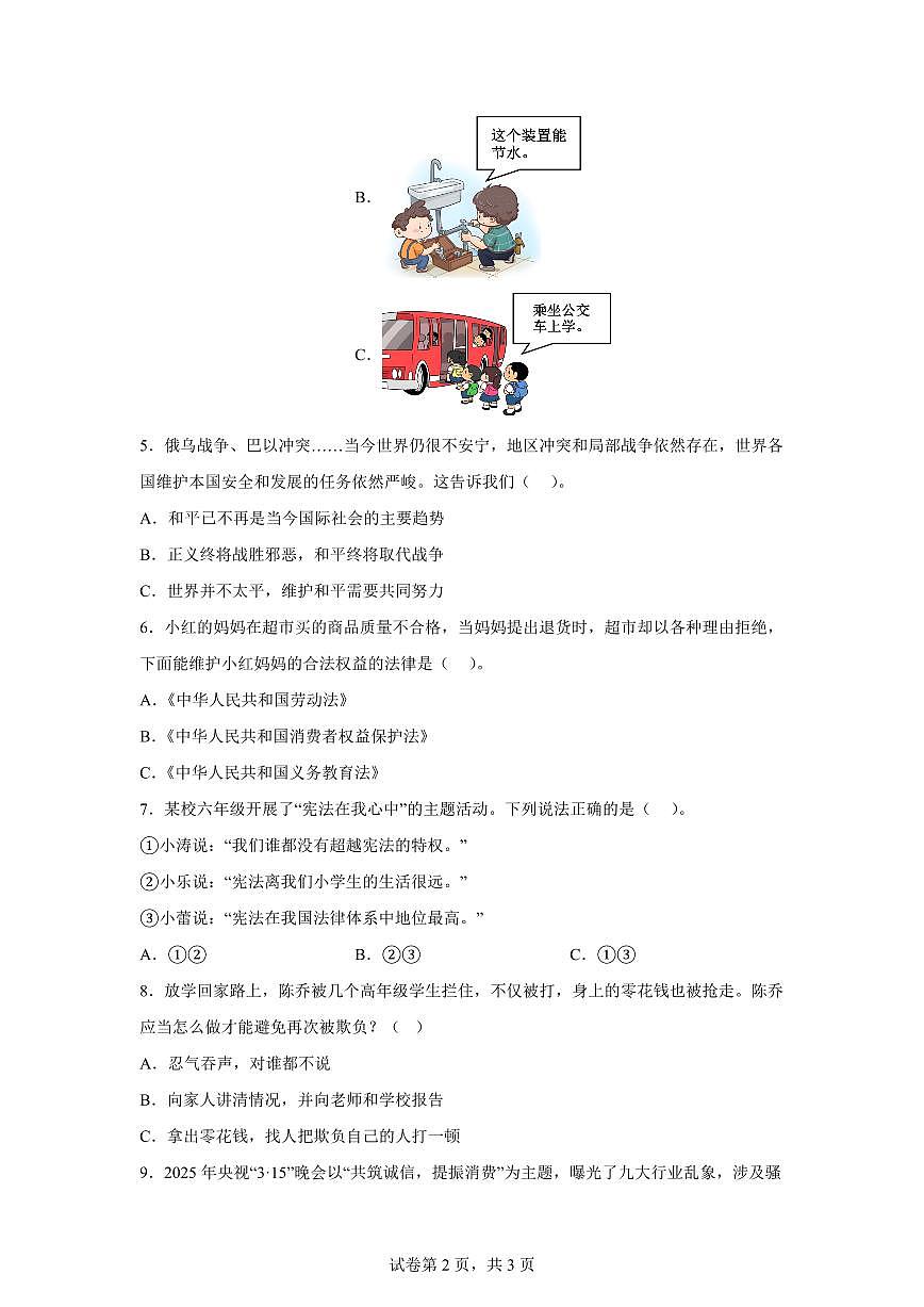 【统编版】2024~2025学年河南省平顶山市鲁山县六年级下学期期末考试道德与法治试题【含答案】第2页
