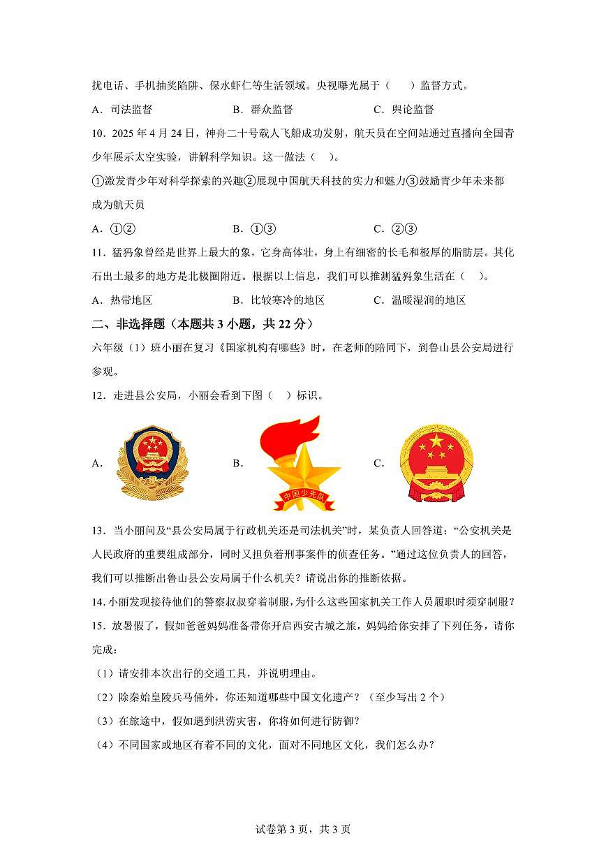 【统编版】2024~2025学年河南省平顶山市鲁山县六年级下学期期末考试道德与法治试题【含答案】第3页