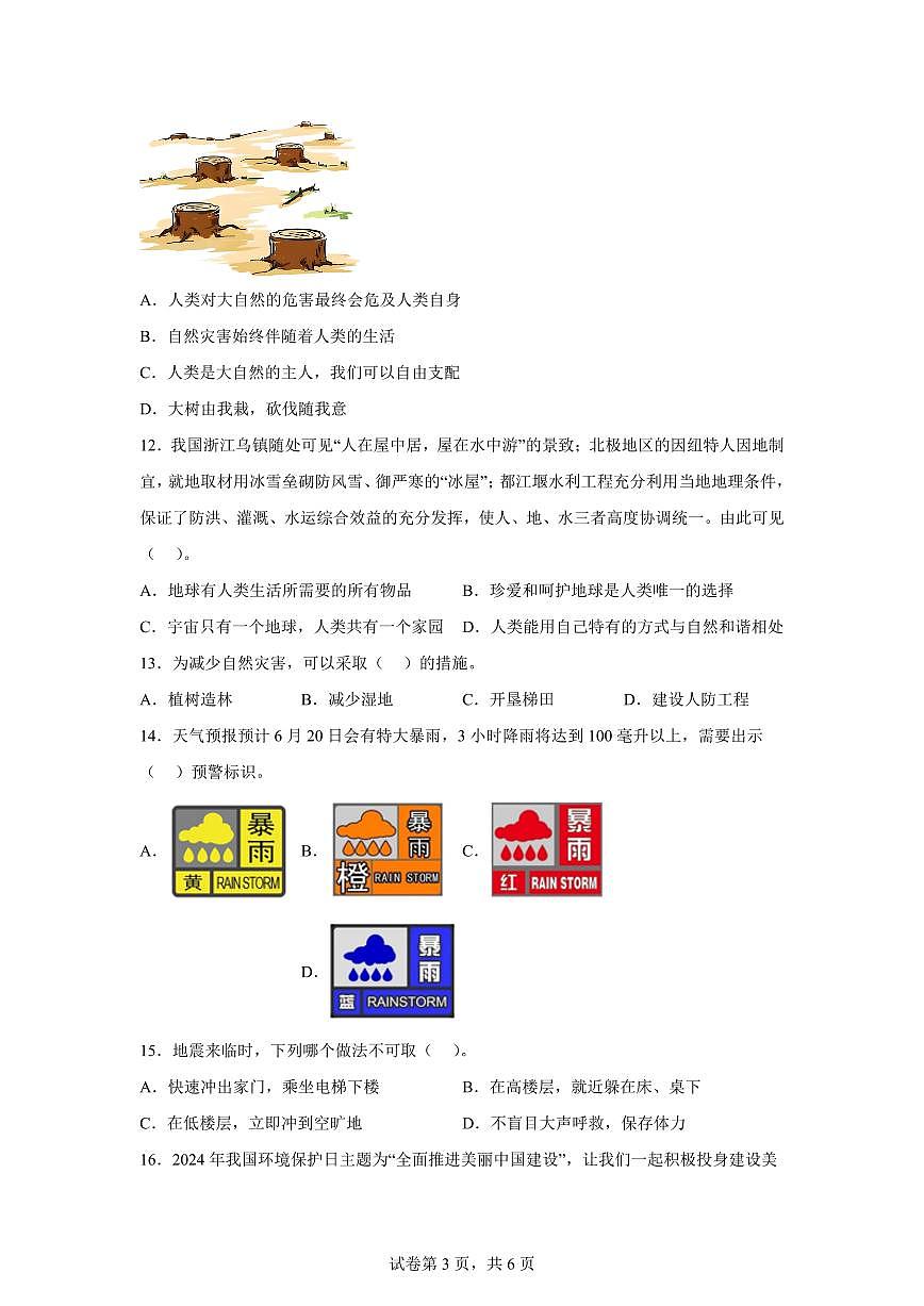 【统编版】2024~2025学年湖南省岳阳市岳阳县六年级下学期期中考试道德与法治试题【含答案】第3页