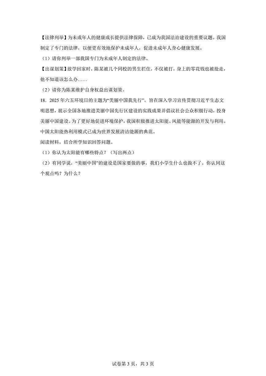 【统编版】2024~2025学年湖南省张家界市永定区六年级下学期期末考试道德与法治试题【含答案】第3页