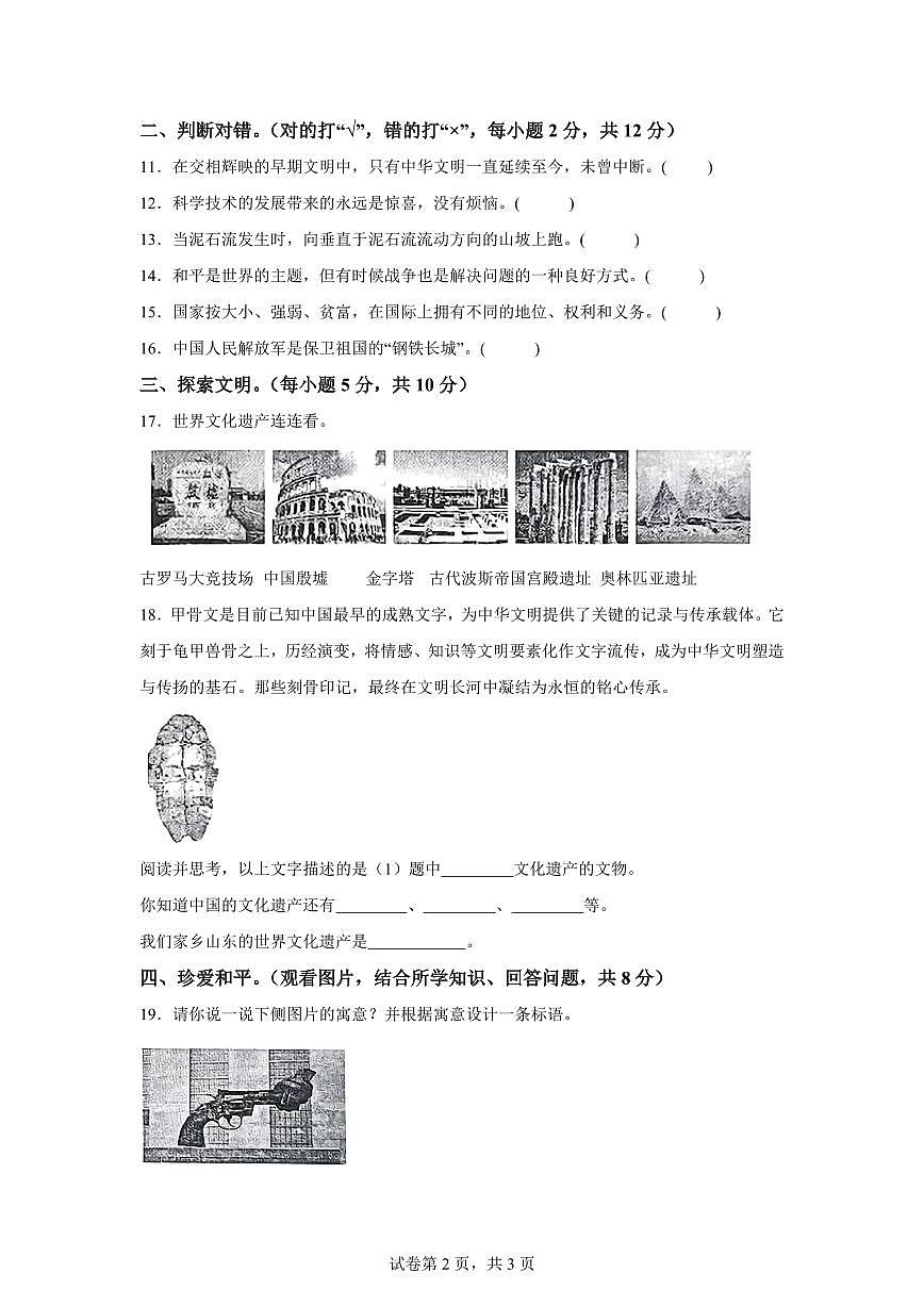 【统编版】2024~2025学年山东省枣庄市市中区六年级下学期期末质量监测道德与法治试题【含答案】第2页