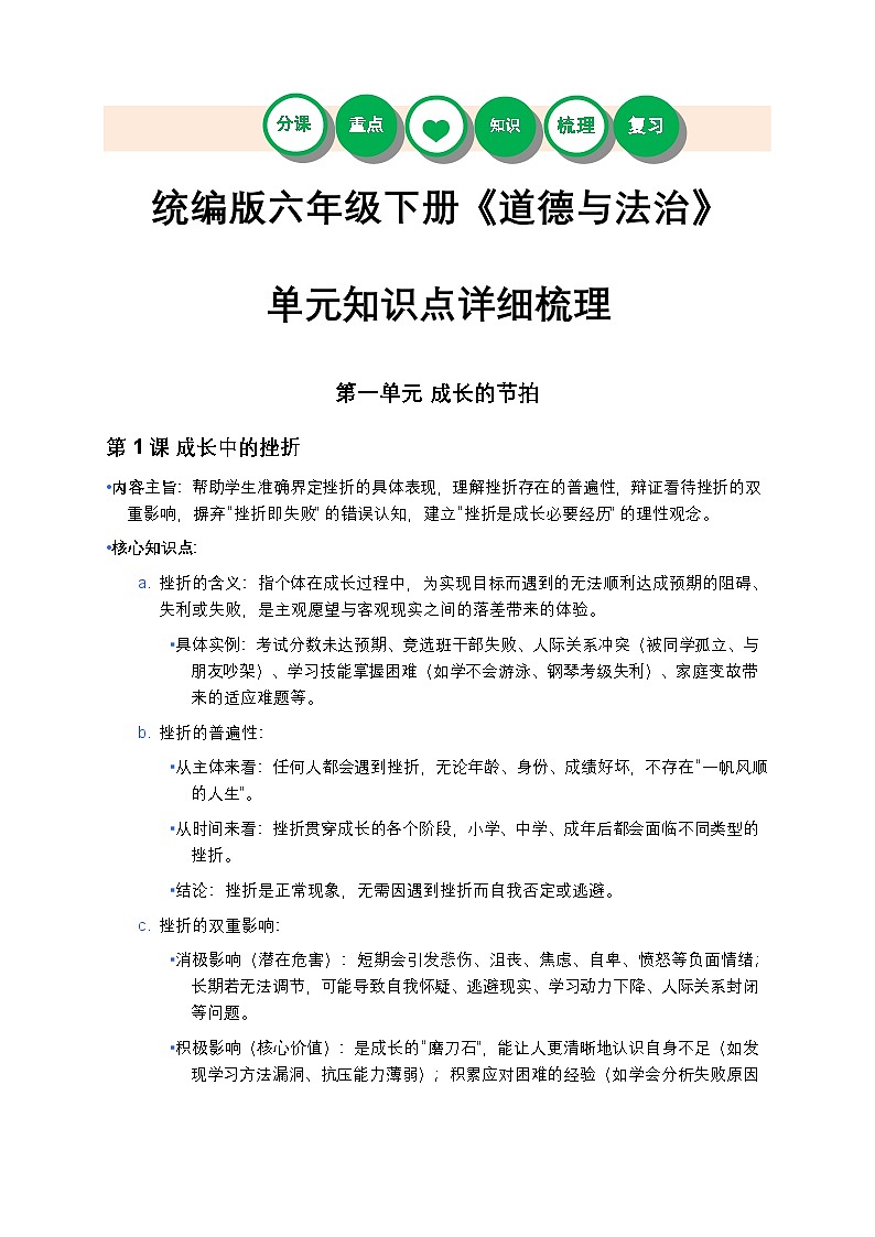 统编版六年级下册《道德与法治》第一单元知识点详细梳理第1页