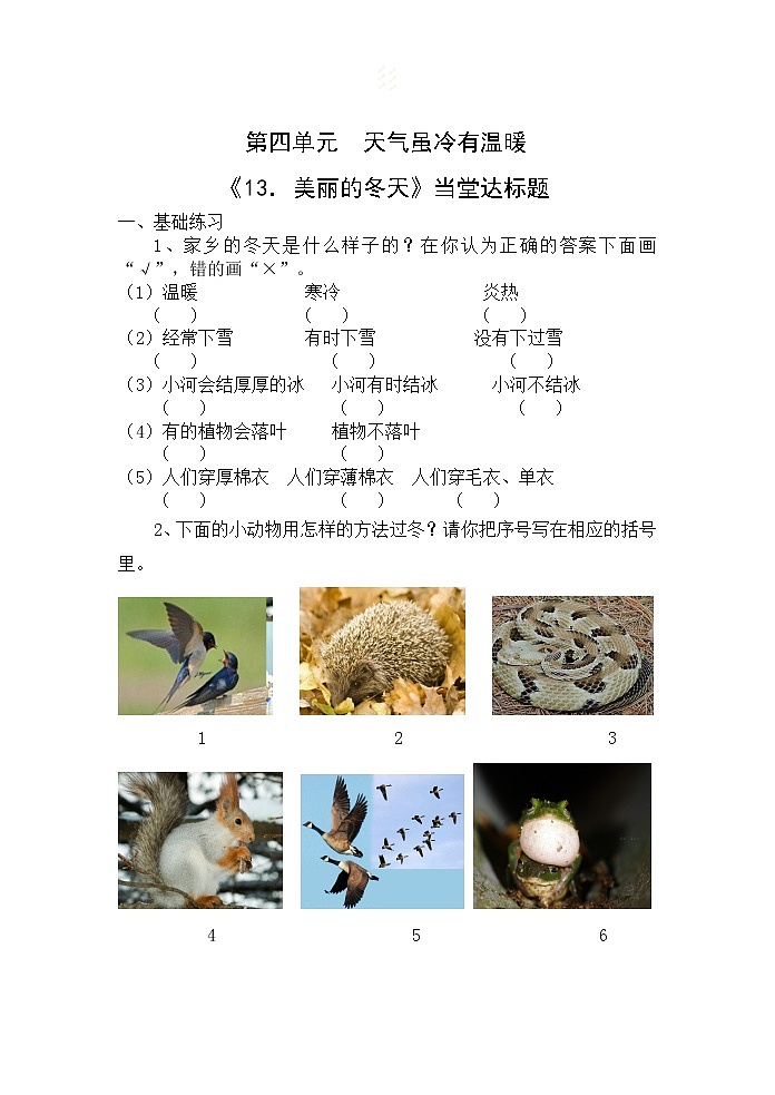 一年级上册道德与法治课堂达标题-13 美丽的冬天（含答案）01