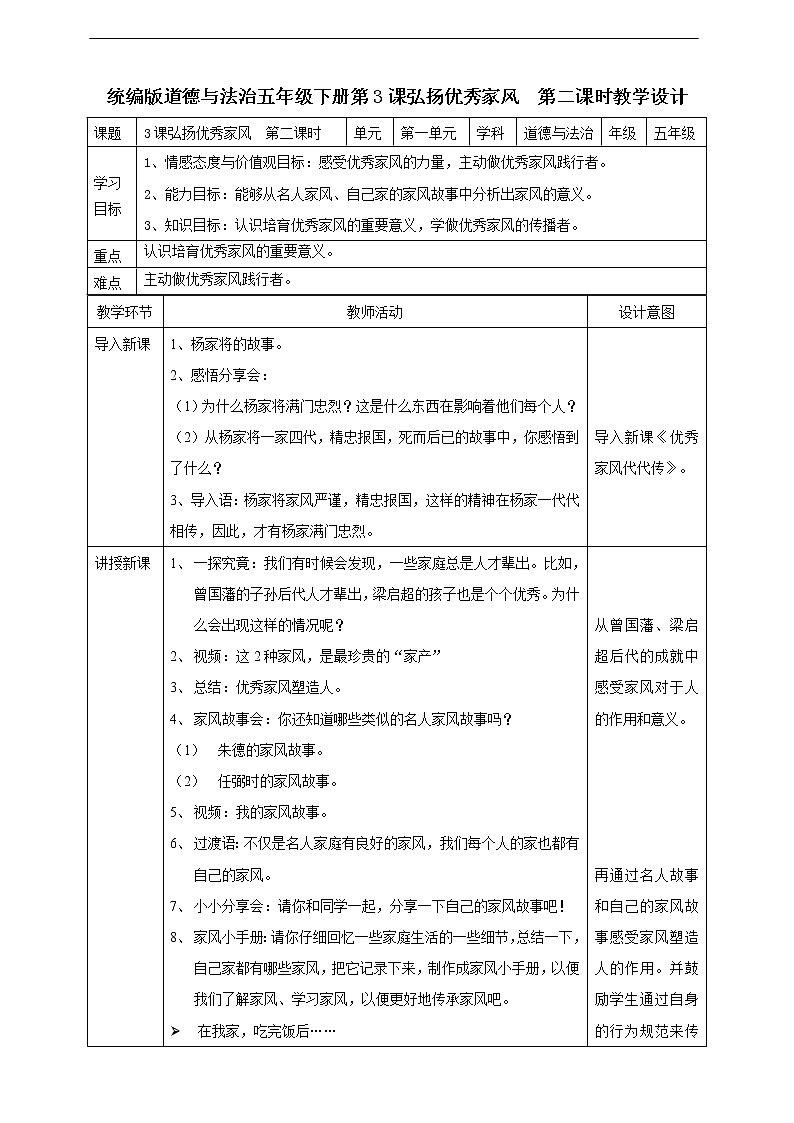 3、弘扬优秀家风 第二课时 教案01